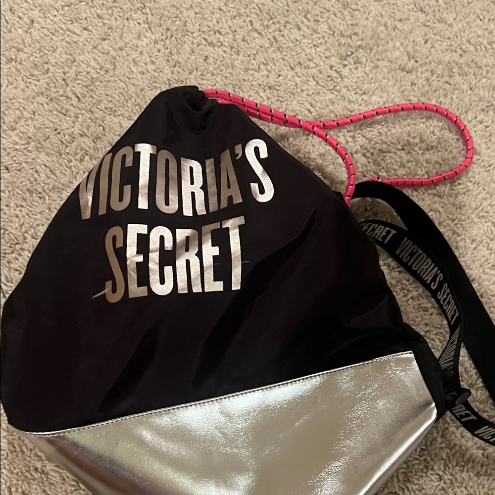 Victoria's Secret Black and Silver Drawstring Backpack